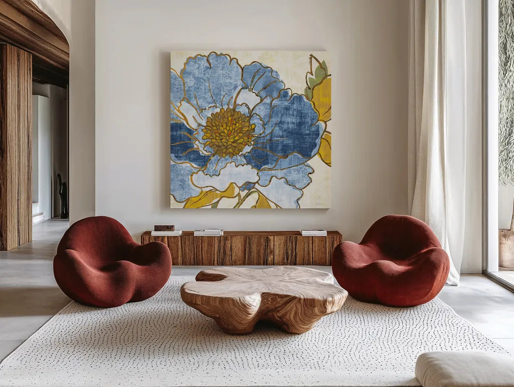 Camilles Peony I Indigo by Sue Schlabach. Shown as extra-large giant wall art in a modern living room. Available as an archival giclee rolled canvas, fine art paper, or poster print. SKU 23970a.