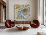 Camilles Peony II by Sue Schlabach. Shown as extra-large giant wall art in a modern living room. Available as an archival giclee rolled canvas, fine art paper, or poster print. SKU 10951a.