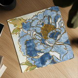 Camilles Peony II Indigo by Sue Schlabach. Shown as a detailed flat fine art print, highlighting archival giclee quality. Available as an archival giclee rolled canvas, fine art paper, or poster print. SKU 23971a.