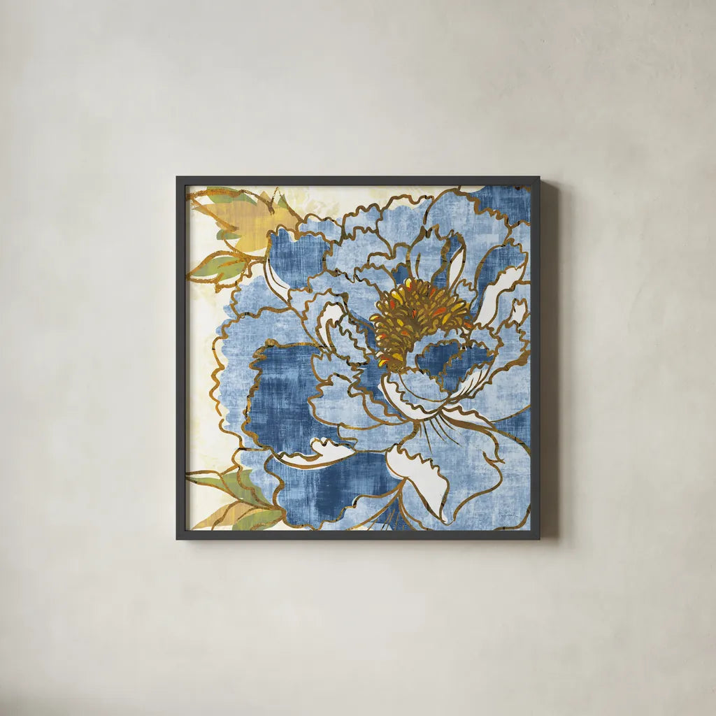 Camilles Peony II Indigo by Sue Schlabach. Shown in a sleek black glass frame for a contemporary gallery look. Available as an archival giclee rolled canvas, fine art paper, or poster print. SKU 23971a.