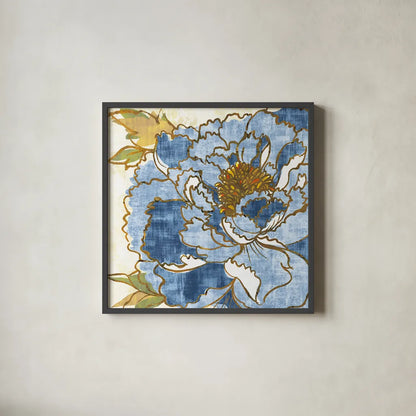 Camilles Peony II Indigo by Sue Schlabach. Shown in a sleek black glass frame for a contemporary gallery look. Available as an archival giclee rolled canvas, fine art paper, or poster print. SKU 23971a.