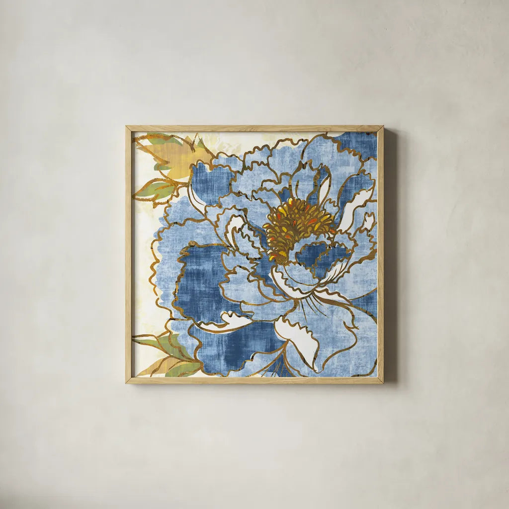 Camilles Peony II Indigo by Sue Schlabach. Shown in a natural wood glass frame for a timeless modern aesthetic. Available as an archival giclee rolled canvas, fine art paper, or poster print. SKU 23971a.