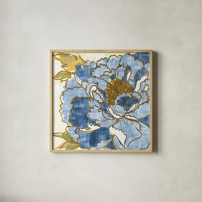 Camilles Peony II Indigo by Sue Schlabach. Shown in a natural wood glass frame for a timeless modern aesthetic. Available as an archival giclee rolled canvas, fine art paper, or poster print. SKU 23971a.