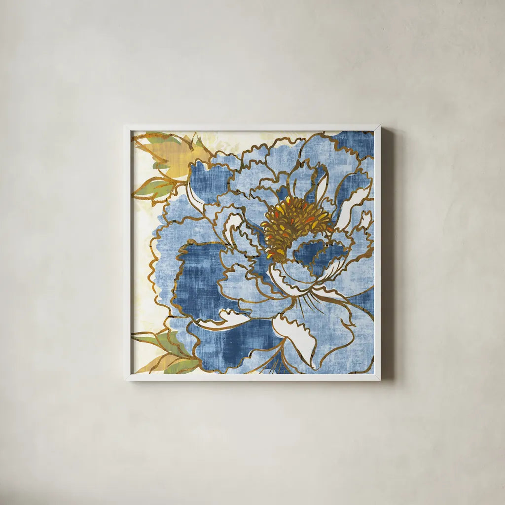 Camilles Peony II Indigo by Sue Schlabach. Shown in a crisp white glass frame for a clean and minimalist style. Available as an archival giclee rolled canvas, fine art paper, or poster print. SKU 23971a.