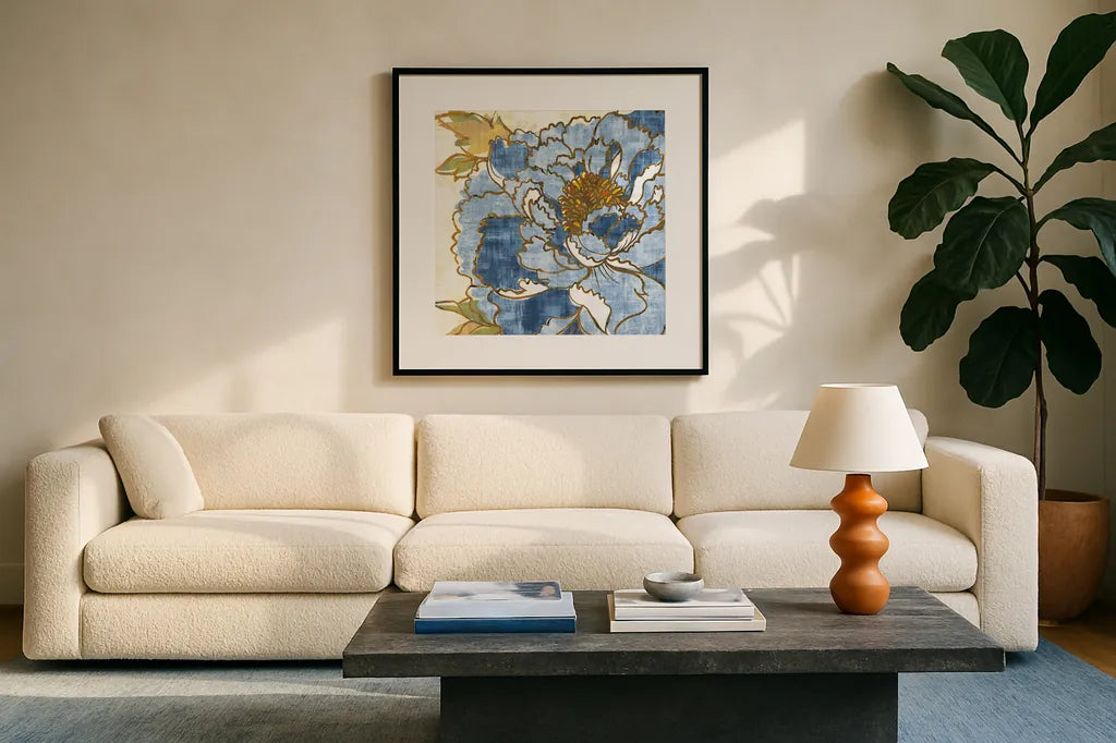 Camilles Peony II Indigo by Sue Schlabach. Displayed in a glass frame with matte in a clean modern living room. Available as an archival giclee rolled canvas, fine art paper, or poster print. SKU 23971a.