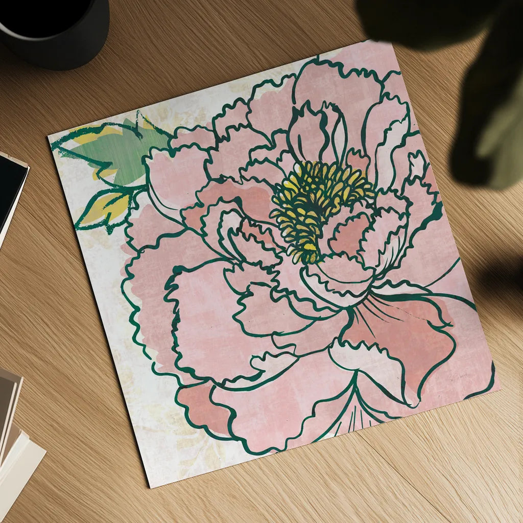 Camilles Peony Pink by Sue Schlabach. Shown as a detailed flat fine art print, highlighting archival giclee quality. Available as an archival giclee rolled canvas, fine art paper, or poster print. SKU 55550a.