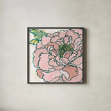 Camilles Peony Pink by Sue Schlabach. Shown in a sleek black glass frame for a contemporary gallery look. Available as an archival giclee rolled canvas, fine art paper, or poster print. SKU 55550a.
