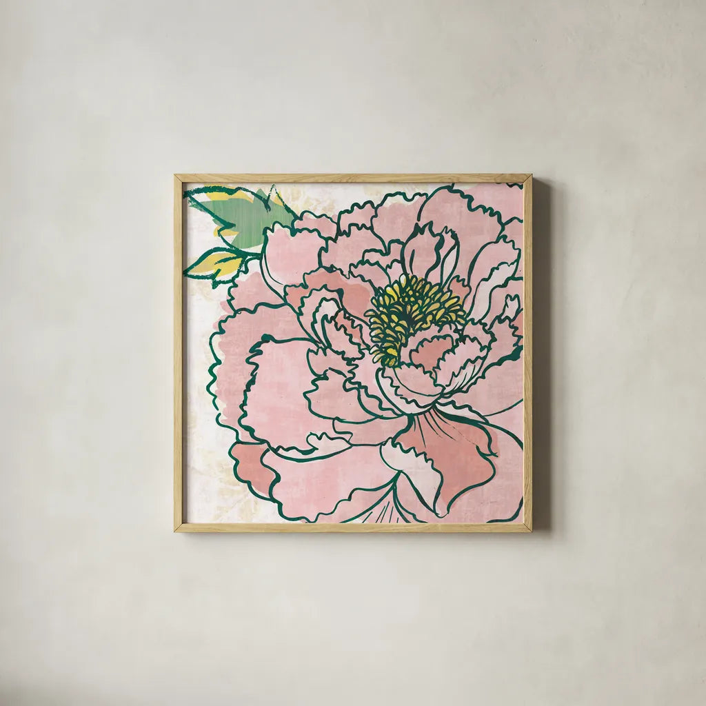 Camilles Peony Pink by Sue Schlabach. Shown in a natural wood glass frame for a timeless modern aesthetic. Available as an archival giclee rolled canvas, fine art paper, or poster print. SKU 55550a.