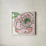Camilles Peony Pink by Sue Schlabach. Shown in a crisp white glass frame for a clean and minimalist style. Available as an archival giclee rolled canvas, fine art paper, or poster print. SKU 55550a.