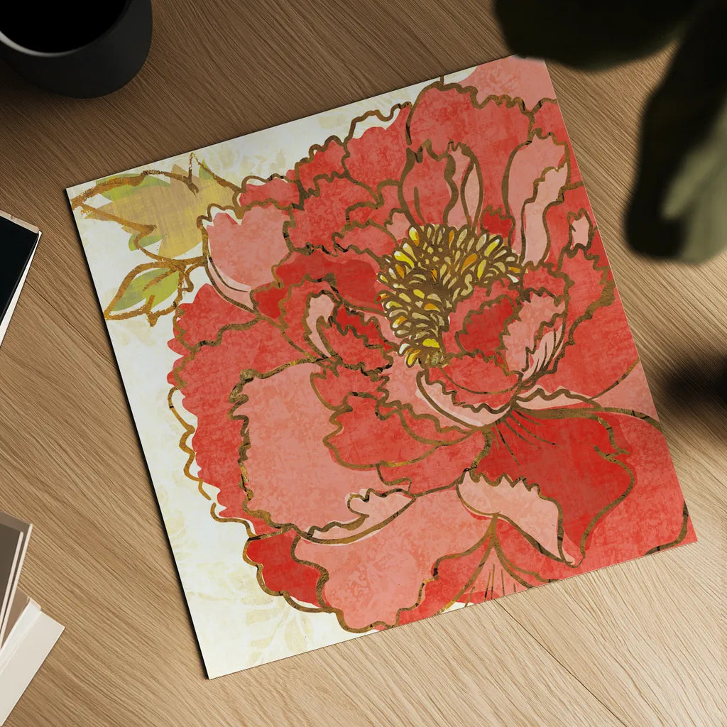 Camilles Peony Red by Sue Schlabach. Shown as a detailed flat fine art print, highlighting archival giclee quality. Available as an archival giclee rolled canvas, fine art paper, or poster print. SKU 44596a.