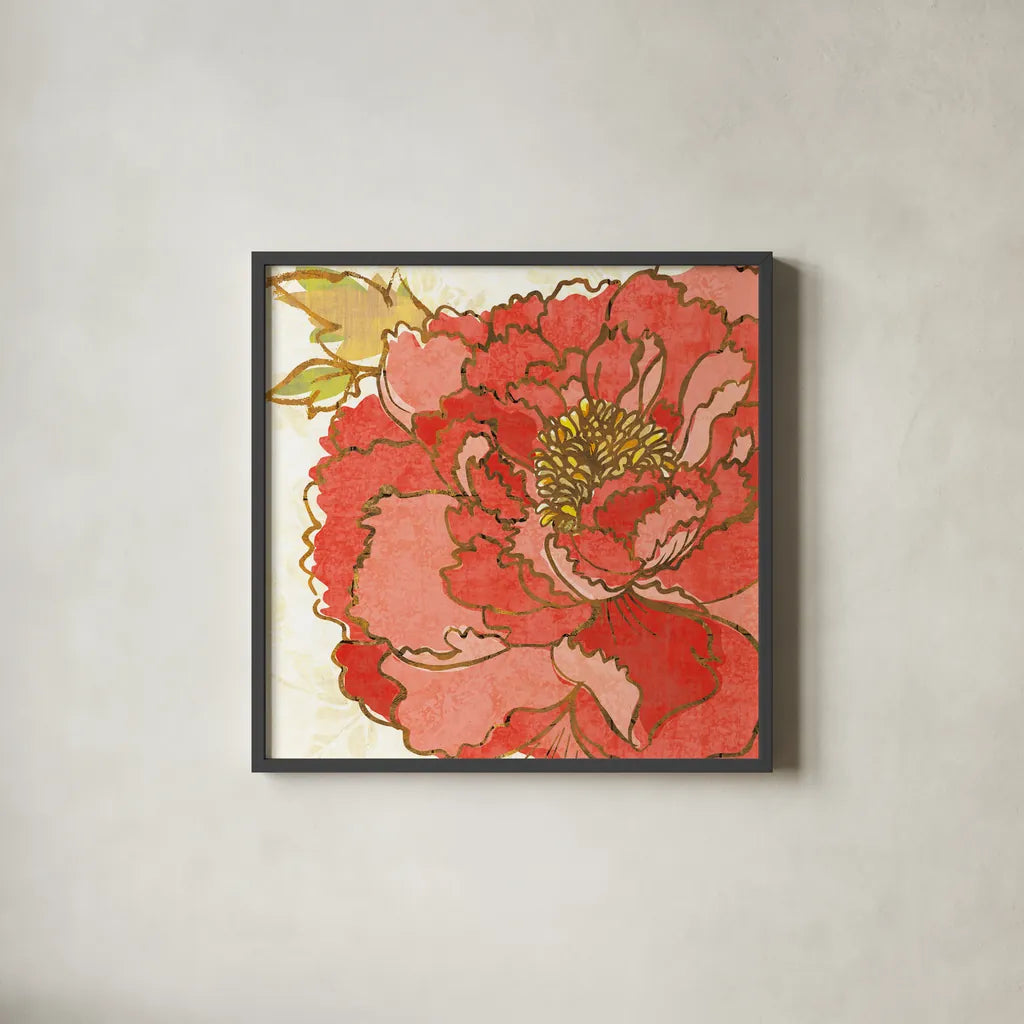 Camilles Peony Red by Sue Schlabach. Shown in a sleek black glass frame for a contemporary gallery look. Available as an archival giclee rolled canvas, fine art paper, or poster print. SKU 44596a.