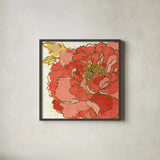 Camilles Peony Red by Sue Schlabach. Shown in a sleek black glass frame for a contemporary gallery look. Available as an archival giclee rolled canvas, fine art paper, or poster print. SKU 44596a.
