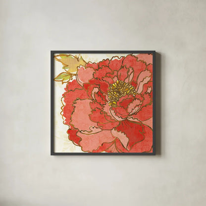 Camilles Peony Red by Sue Schlabach. Shown in a sleek black glass frame for a contemporary gallery look. Available as an archival giclee rolled canvas, fine art paper, or poster print. SKU 44596a.