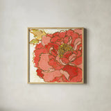 Camilles Peony Red by Sue Schlabach. Shown in a natural wood glass frame for a timeless modern aesthetic. Available as an archival giclee rolled canvas, fine art paper, or poster print. SKU 44596a.