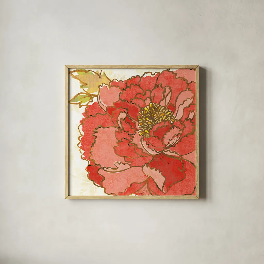 Camilles Peony Red by Sue Schlabach. Shown in a natural wood glass frame for a timeless modern aesthetic. Available as an archival giclee rolled canvas, fine art paper, or poster print. SKU 44596a.