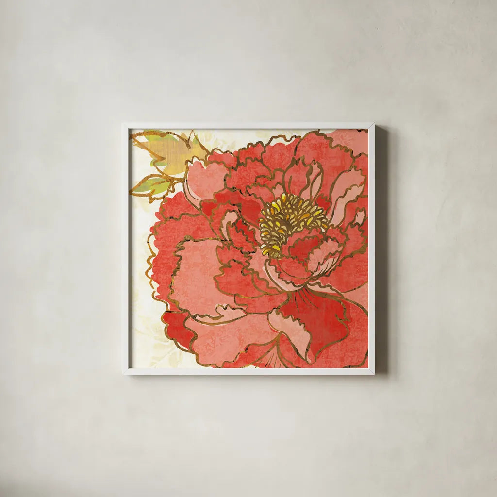 Camilles Peony Red by Sue Schlabach. Shown in a crisp white glass frame for a clean and minimalist style. Available as an archival giclee rolled canvas, fine art paper, or poster print. SKU 44596a.