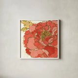 Camilles Peony Red by Sue Schlabach. Shown in a crisp white glass frame for a clean and minimalist style. Available as an archival giclee rolled canvas, fine art paper, or poster print. SKU 44596a.