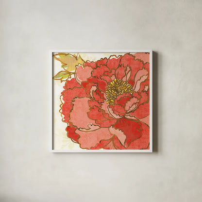 Camilles Peony Red by Sue Schlabach. Shown in a crisp white glass frame for a clean and minimalist style. Available as an archival giclee rolled canvas, fine art paper, or poster print. SKU 44596a.