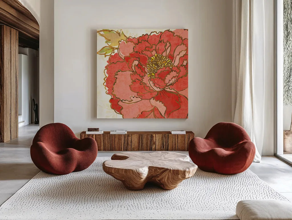 Camilles Peony Red by Sue Schlabach. Shown as extra-large giant wall art in a modern living room. Available as an archival giclee rolled canvas, fine art paper, or poster print. SKU 44596a.