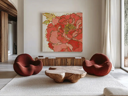 Camilles Peony Red by Sue Schlabach. Shown as extra-large giant wall art in a modern living room. Available as an archival giclee rolled canvas, fine art paper, or poster print. SKU 44596a.