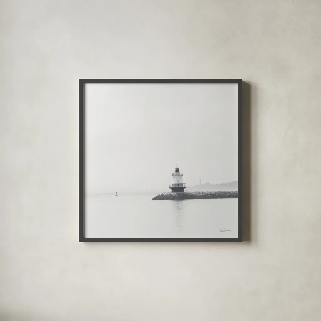 Casco Bay Lighthouse I by Sue Schlabach. Shown in a sleek black glass frame for a contemporary gallery look. Available as an archival giclee rolled canvas, fine art paper, or poster print. SKU 72424a.