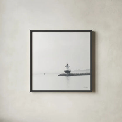 Casco Bay Lighthouse I by Sue Schlabach. Shown in a sleek black glass frame for a contemporary gallery look. Available as an archival giclee rolled canvas, fine art paper, or poster print. SKU 72424a.