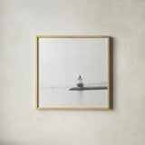 Casco Bay Lighthouse I by Sue Schlabach. Shown in a natural wood glass frame for a timeless modern aesthetic. Available as an archival giclee rolled canvas, fine art paper, or poster print. SKU 72424a.