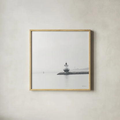 Casco Bay Lighthouse I by Sue Schlabach. Shown in a natural wood glass frame for a timeless modern aesthetic. Available as an archival giclee rolled canvas, fine art paper, or poster print. SKU 72424a.