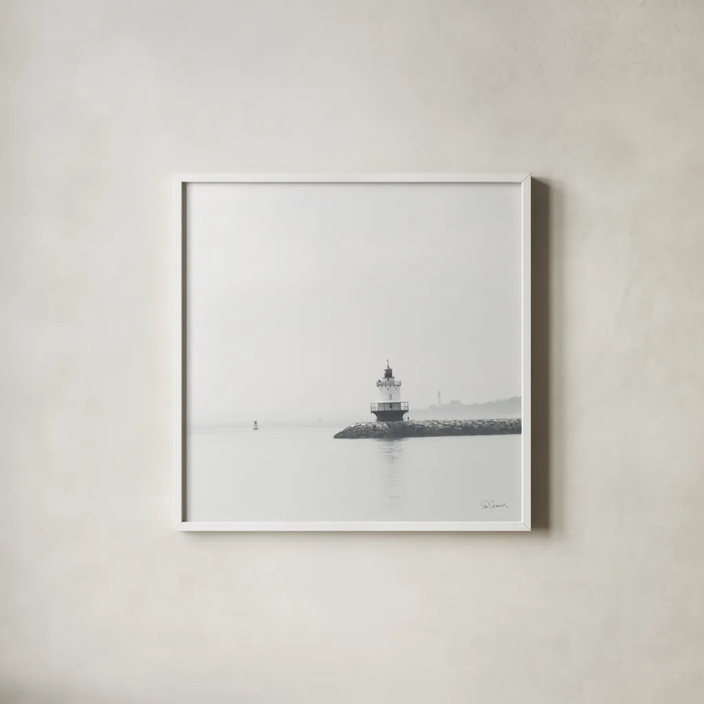 Casco Bay Lighthouse I by Sue Schlabach. Shown in a crisp white glass frame for a clean and minimalist style. Available as an archival giclee rolled canvas, fine art paper, or poster print. SKU 72424a.