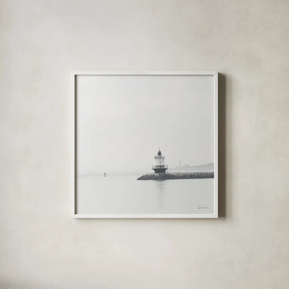Casco Bay Lighthouse I by Sue Schlabach. Shown in a crisp white glass frame for a clean and minimalist style. Available as an archival giclee rolled canvas, fine art paper, or poster print. SKU 72424a.