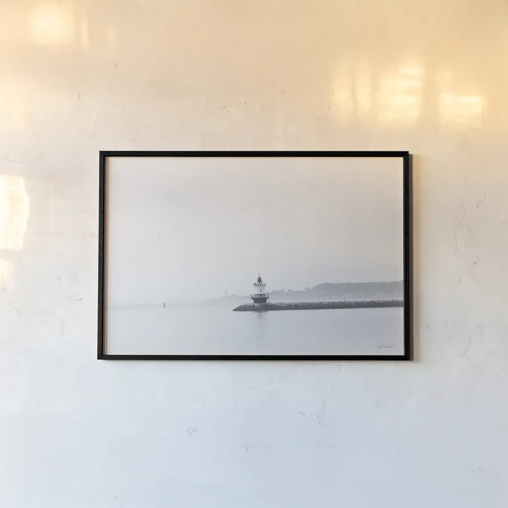 Casco Bay Lighthouse II by Sue Schlabach. shown as a paper print in a black flame. Available as a archival giclee rolled canvas, fine art paper, or poster print. SKU 72425i.