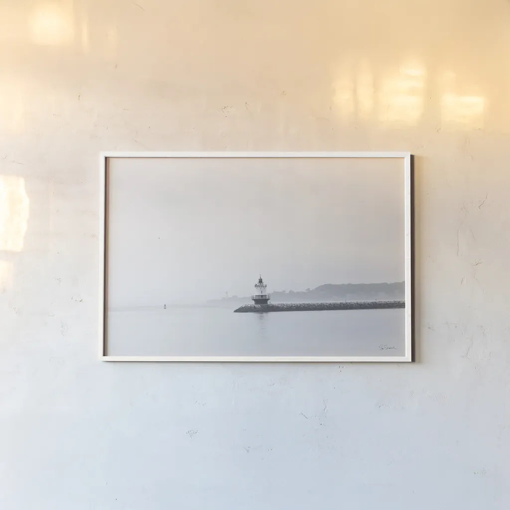 Casco Bay Lighthouse II by Sue Schlabach. shown as a paper print in a white frame. Available as a archival giclee rolled canvas, fine art paper, or poster print. SKU 72425i.