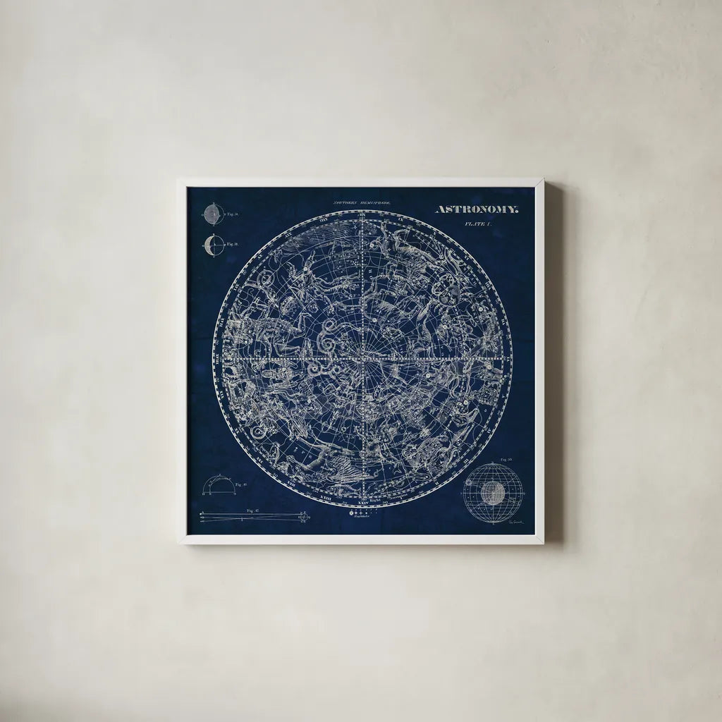 Celestial Blueprint by Sue Schlabach. Shown in a crisp white glass frame for a clean and minimalist style. Available as an archival giclee rolled canvas, fine art paper, or poster print. SKU 11937a.