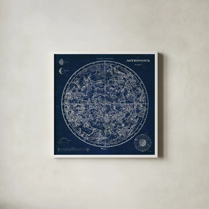 Celestial Blueprint by Sue Schlabach. Shown in a crisp white glass frame for a clean and minimalist style. Available as an archival giclee rolled canvas, fine art paper, or poster print. SKU 11937a.