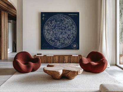 Celestial Blueprint by Sue Schlabach. Shown as extra-large giant wall art in a modern living room. Available as an archival giclee rolled canvas, fine art paper, or poster print. SKU 11937a.