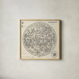 Celestial Blueprint by Sue Schlabach. Shown in a natural wood glass frame for a timeless modern aesthetic. Available as an archival giclee rolled canvas, fine art paper, or poster print. SKU 90721a.