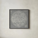 Celestial Blueprint Graphite by Sue Schlabach. Shown in a sleek black glass frame for a contemporary gallery look. Available as an archival giclee rolled canvas, fine art paper, or poster print. SKU 13001a.