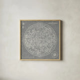 Celestial Blueprint Graphite by Sue Schlabach. Shown in a natural wood glass frame for a timeless modern aesthetic. Available as an archival giclee rolled canvas, fine art paper, or poster print. SKU 13001a.