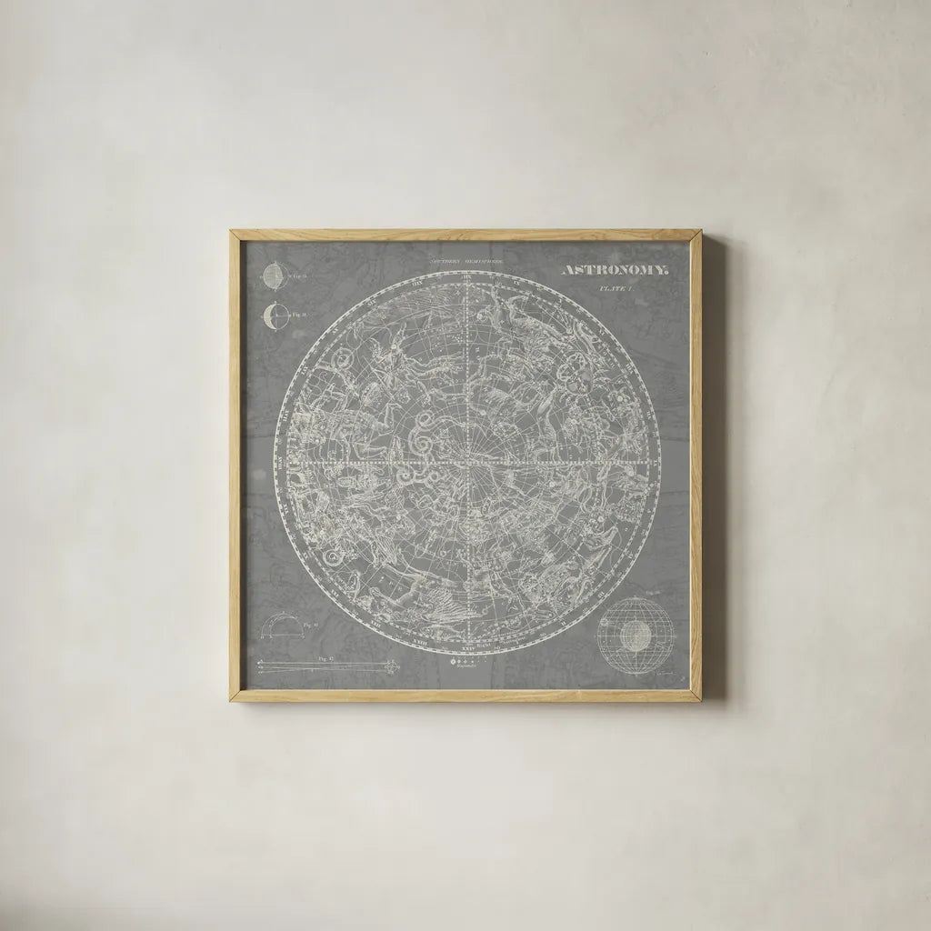 Celestial Blueprint Graphite by Sue Schlabach. Shown in a natural wood glass frame for a timeless modern aesthetic. Available as an archival giclee rolled canvas, fine art paper, or poster print. SKU 13001a.