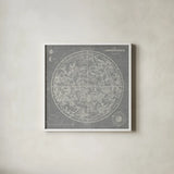 Celestial Blueprint Graphite by Sue Schlabach. Shown in a crisp white glass frame for a clean and minimalist style. Available as an archival giclee rolled canvas, fine art paper, or poster print. SKU 13001a.