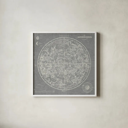 Celestial Blueprint Graphite by Sue Schlabach. Shown in a crisp white glass frame for a clean and minimalist style. Available as an archival giclee rolled canvas, fine art paper, or poster print. SKU 13001a.