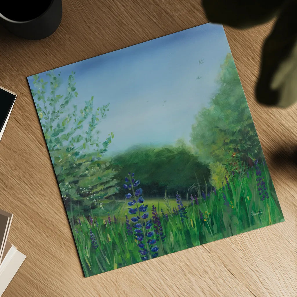 Charlottes Lupine Field by Sue Schlabach. Shown as a detailed flat fine art print, highlighting archival giclee quality. Available as an archival giclee rolled canvas, fine art paper, or poster print. SKU 91526a.