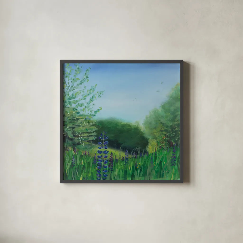 Charlottes Lupine Field by Sue Schlabach. Shown in a sleek black glass frame for a contemporary gallery look. Available as an archival giclee rolled canvas, fine art paper, or poster print. SKU 91526a.