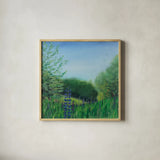 Charlottes Lupine Field by Sue Schlabach. Shown in a natural wood glass frame for a timeless modern aesthetic. Available as an archival giclee rolled canvas, fine art paper, or poster print. SKU 91526a.