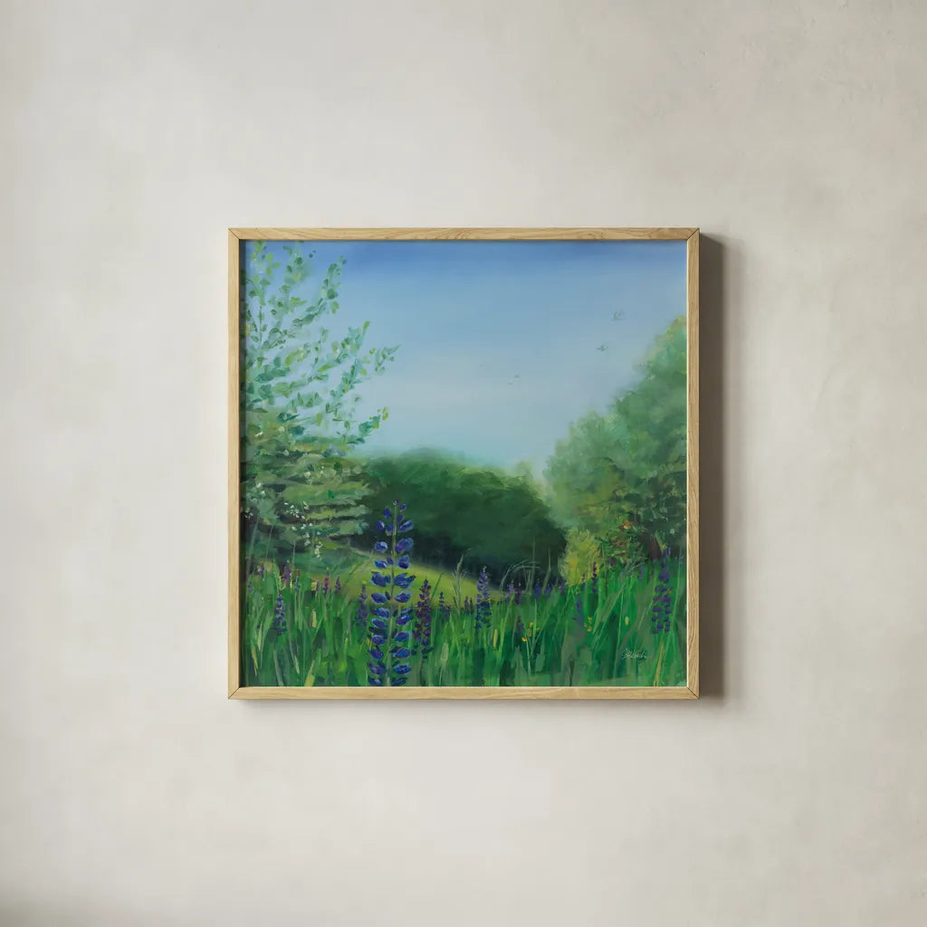 Charlottes Lupine Field by Sue Schlabach. Shown in a natural wood glass frame for a timeless modern aesthetic. Available as an archival giclee rolled canvas, fine art paper, or poster print. SKU 91526a.