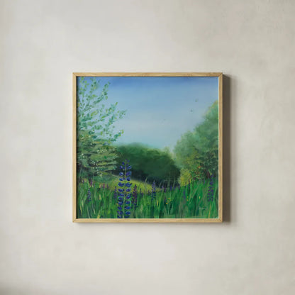Charlottes Lupine Field by Sue Schlabach. Shown in a natural wood glass frame for a timeless modern aesthetic. Available as an archival giclee rolled canvas, fine art paper, or poster print. SKU 91526a.