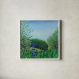 Charlottes Lupine Field by Sue Schlabach. Shown in a crisp white glass frame for a clean and minimalist style. Available as an archival giclee rolled canvas, fine art paper, or poster print. SKU 91526a.