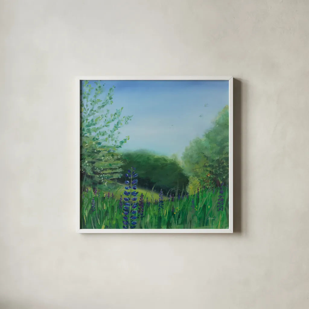 Charlottes Lupine Field by Sue Schlabach. Shown in a crisp white glass frame for a clean and minimalist style. Available as an archival giclee rolled canvas, fine art paper, or poster print. SKU 91526a.