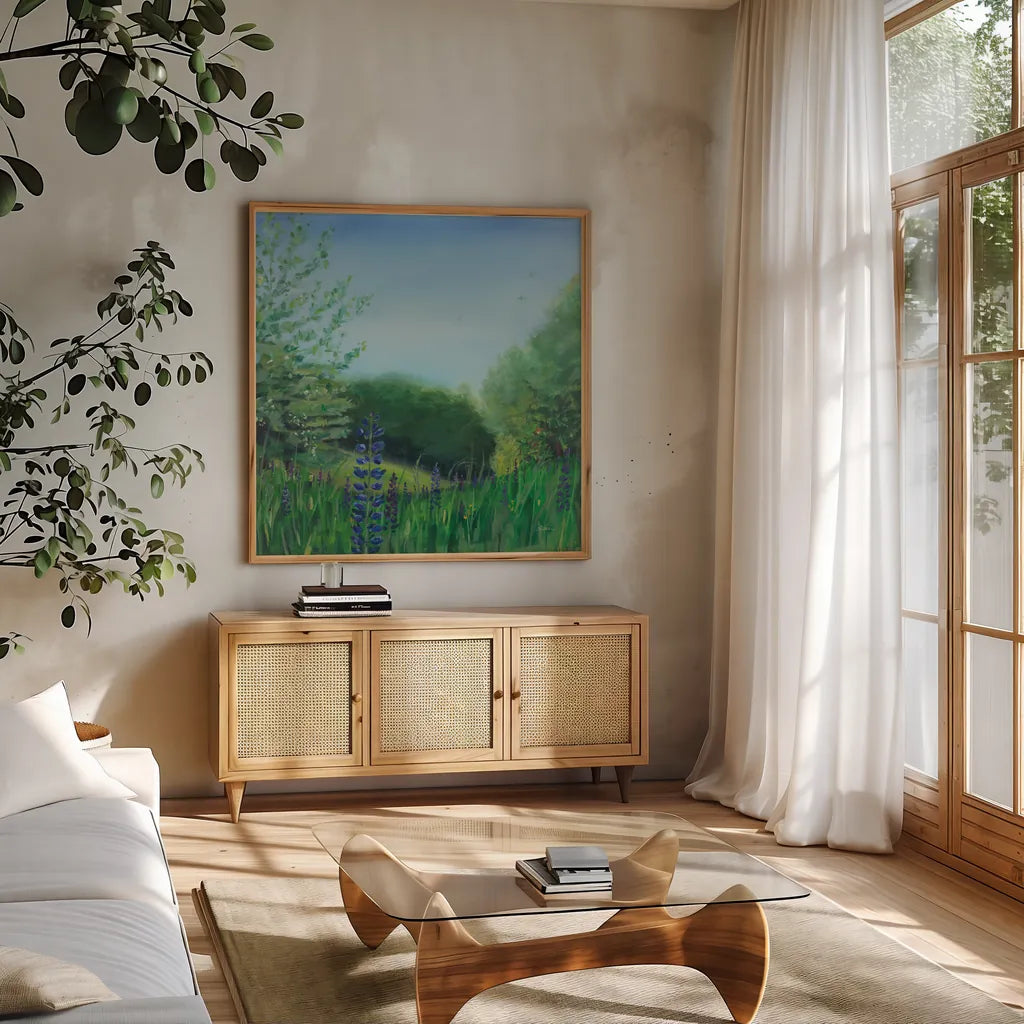 Charlottes Lupine Field by Sue Schlabach. Shown in a natural wood frame in a cozy modern living room. Available as an archival giclee rolled canvas, fine art paper, or poster print. SKU 91526a.