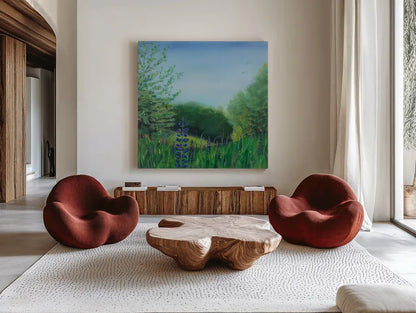Charlottes Lupine Field by Sue Schlabach. Shown as extra-large giant wall art in a modern living room. Available as an archival giclee rolled canvas, fine art paper, or poster print. SKU 91526a.